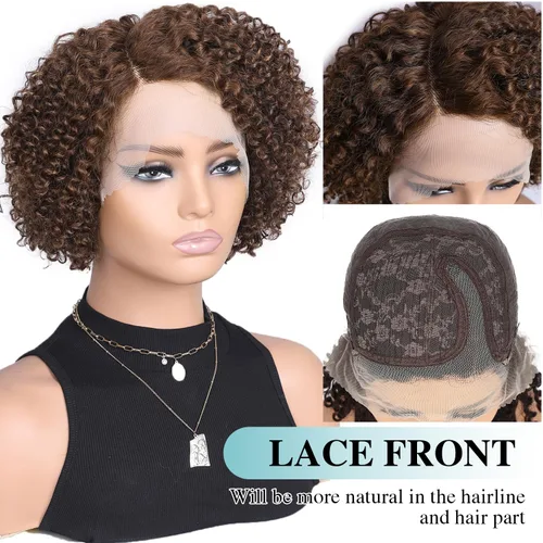 Vista 3 de Peluca de cabello humano corto con encaje frontal, rizada, sin pegamento, parte lateral, cabello humano virgen brasileño rizado con abuelitos