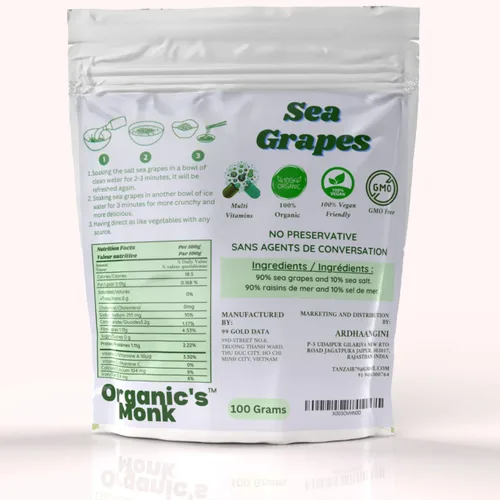 Vista 3 de Organics Monk Uvas marinas orgánicas, algas marinas orgánicas, umibudo, caviar verde, lato deshyrado, algas marinas, superalimento