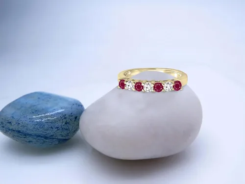 Vista 2 de Dazzlingrock Collection 2.5mm Each Round Ruby & White Diamond 7 Stone Stackable Wedding Band for Her in 14K Solid Gold