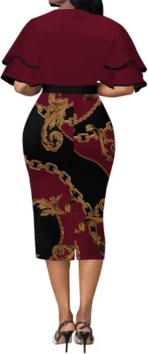 Vista 2 de FoveNK Vestido de tubo para mujer, elegante, manga con volantes, entallado, para ir al trabajo, con cremallera