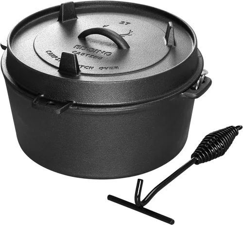 Vista 6 de EDGING CASTING Olla holandesa de hierro fundido pre-curada con tapa de sartén, olla profunda para acampar al aire libre para chimenea, cocina