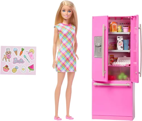 Vista 3 de Barbie Barbie's Kitchen Doll and Kitchen Set with Fridge and 10 Accessories Including Food, Plus Sticker Sheet, JKB52
