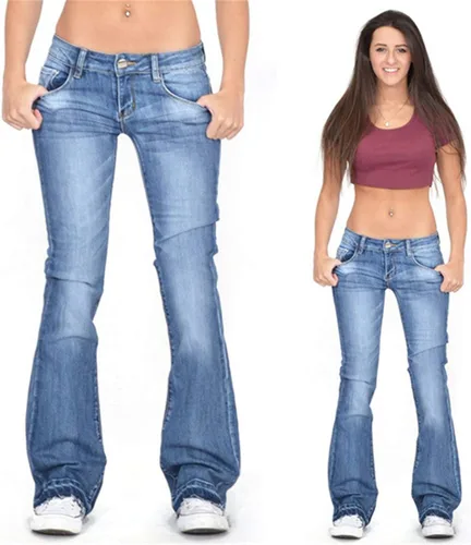 Vista 3 de Andongnywell - Pantalones de mezclilla elásticos de cintura media para mujer, elásticos, acampanados, pierna ancha, pantalones de mezclilla
