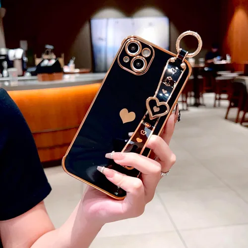 Vista 4 de DEFBSC Funda compatible con iPhone 15, con borde galvanizado, diseño de corazón con correa para la muñeca, protección completa de la cámara