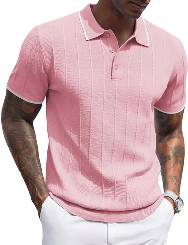 Vista 84 de COOFANDY Camisas polo de punto para hombre de manga corta con textura acanalada Camisas de golf casuales y ligeras con cuello Camiseta de polo