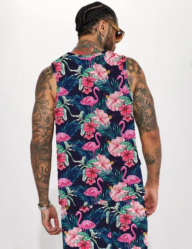 Vista 2 de JoZorro Conjunto de camiseta sin mangas con estampado floral para hombre, camiseta deportiva casual con estampado de lujo, ropa deportiva hawaiana