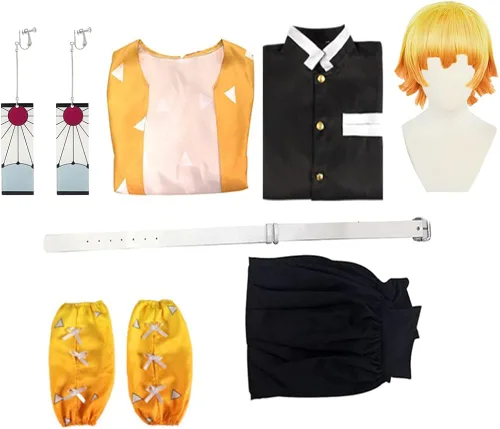 Vista 7 de Buyoem Zenitsu - Disfraz de cosplay para niños y adultos, kimono de anime para Halloween, cosplay, capa tipo kimono con aretes para peluca