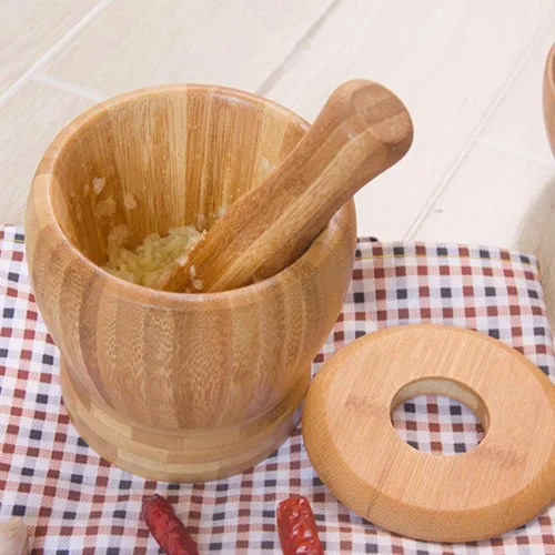 Vista 3 de Juego de mortero y mortero de bambú con tapa, molinillo de especias de cocina, herramientas de cocina para mezcla de especias de hierbas, tazón