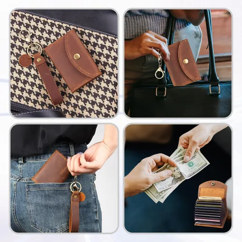 Vista 6 de Cartera de cuero genuino para tarjetas de crédito, organizador de tarjetas de crédito para mujeres y hombres, monedero pequeño llavero, Marrón