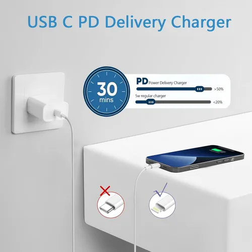 Vista 2 de Cargador de carga rápida para iPhone, paquete de 3 bloques de cargador USB C con cable Bloque de carga rápida USB C a Lightning tipo C compatible