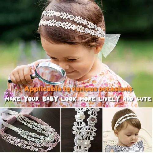 Vista 5 de DANMY Diadema súper elástica para bebé,Banda de pelo de encaje de algodón para niños,Conjunto de accesorios para el cabello de turbante suave