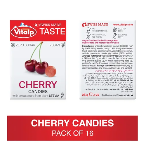 Vista 2 de Vitalp Sabor, Hecho en Suiza, Caramelo Sin Azúcar con Stevia, Vegano, Sabor a Cereza, Paquetes de 25g/0.88 Onzas, 16 Cajas