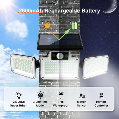 Vista 4 de JumJam 280 Reflectores LED Solares de Seguridad, Luces Solares para Exteriores con Sensor de Movimiento, Reflectores con Control Remoto