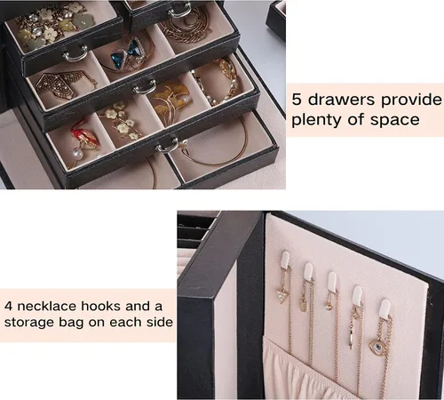 Vista 5 de DREAM&GLAMOUR - Cajas de joyería grande, de piel sintética, organizador de joyas de piel sintética con espejo y cerradura. Caja de almacenamiento