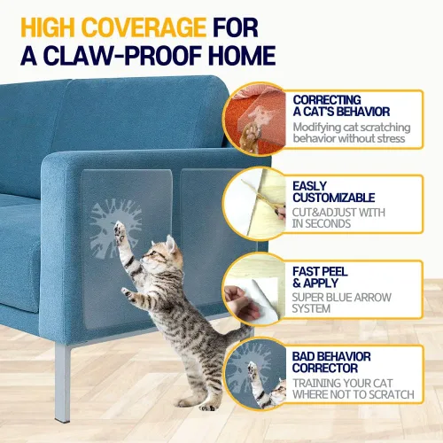 Vista 4 de HA SHI Protector de arañazos para gatos: hojas de protección de muebles o cinta adhesiva, gran cobertura, seguro para mascotas (doble cara)