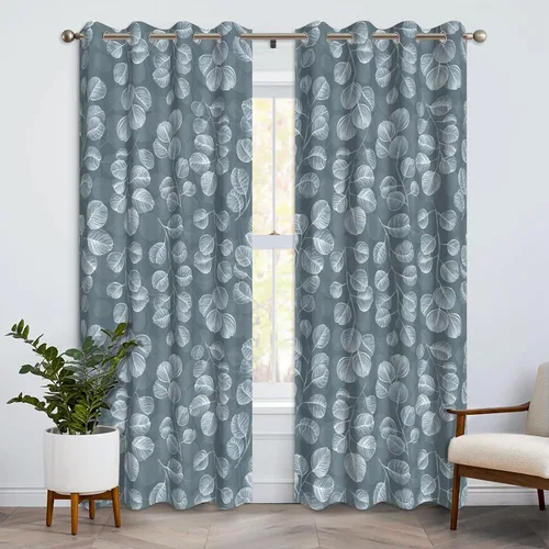 Vista 14 de Cortinas opacas bohemias para dormitorio, cortinas modernas de mediados de siglo color azul, cortinas térmicas con ojales para oscurecer