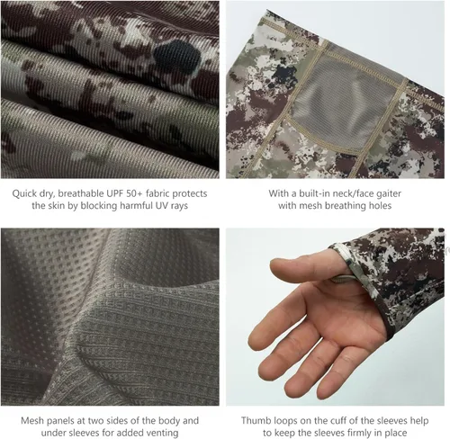 Vista 5 de BASSDASH - Camiseta de caza para hombre con protección solar FPU 50+, manga larga con capucha tipo pasamontañas y diseño camuflado, para pesca
