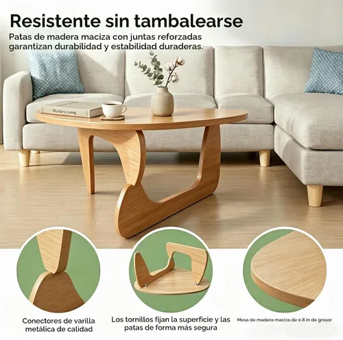 Vista 6 de Mesa de centro moderna de madera maciza, mesa central triangular única para sala de estar, 35.4 x 22.8 x 16.5 pulgadas, natural