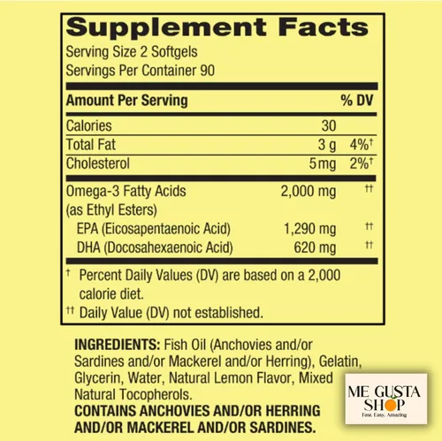 Vista 2 de Spring Valley Omega 3 Aceite de pescado máximo 2000 mg 180 cápsulas blandas + pegatina me Gusta