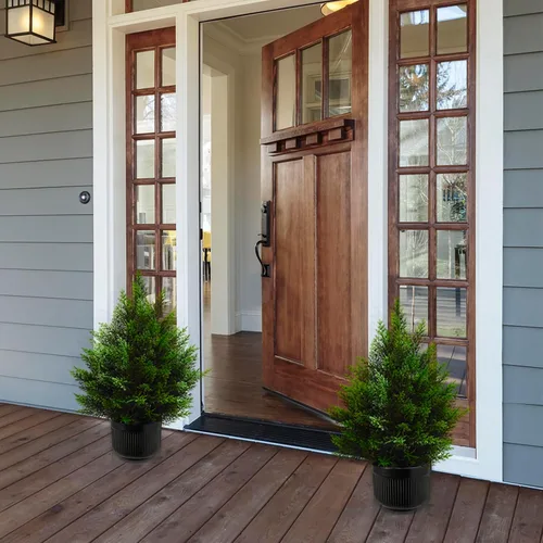 Vista 6 de Árbol topiario artificial de 2 pies, hermosos pinos de cedro sintético, árboles de Navidad, con clasificación UV, arbustos falsos para porche