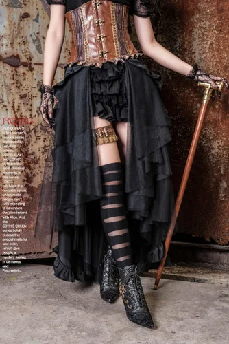 Vista 3 de HaoLin Steampunk Retro Victorian Punk Cincher Lace Up Long Ruffle Falda lápiz Negro, Negro