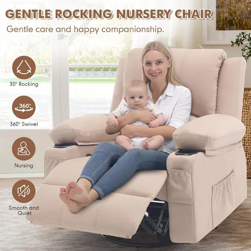 Vista 3 de Mecedora reclinable giratoria de piel sintética con portavasos para calor y masaje, silla mecedora con relleno, silla reclinable con calefacción