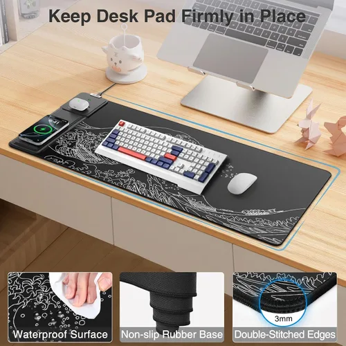 Vista 6 de Wireless Charging Mouse Pad with Foldable Phone Holder, 31.5"x15.8" Large Desk Mat for Laptop/Keyboard, Waterproof Ultra-Smooth Surface, Non-Slip