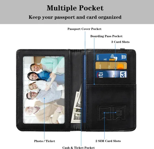 Vista 3 de Funda para pasaporte, cartera de viaje para tarjetas de crédito, bloqueo RFID, carteras para pasaporte para mujeres y hombres con ranura para fotos