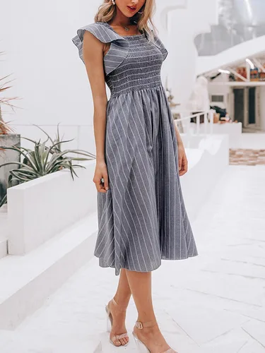 Vista 3 de Miessial Vestido midi de verano para mujer, casual, manga corta, vestido de lino fruncido 2025, vestido bohemio para invitados de boda con bolsillos