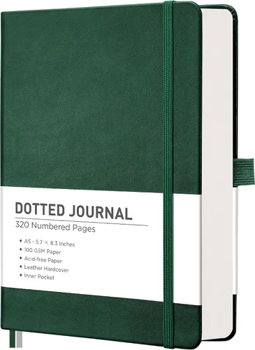 Vista 13 de RETTACY Cuaderno Diario Punteado, 320 Páginas Numeradas, Tamaño A5 Mediano (5.7" × 8.3"), Tapa Dura de Cuero, Papel Grueso de 100 GSM, para Diario