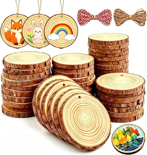 Vista 9 de Rebanadas de madera natural TICIOSH Craft Kit de madera sin terminar, preperforadas con agujero, círculos de madera para manualidades, decoración