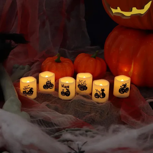 Vista 2 de Velas votivas sin llama con temporizador, luces LED con temporizador automático de ciclo diario integrado, calcomanías de calabaza para decoraciones