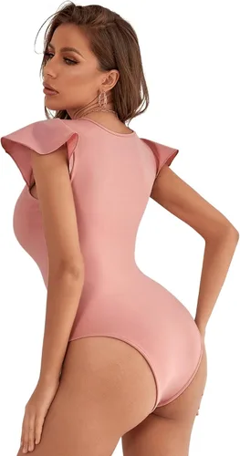 Vista 2 de SweatyRocks Enterizo ajustado sólido con cuello en V profundo y manga casquillo con volantes para mujer
