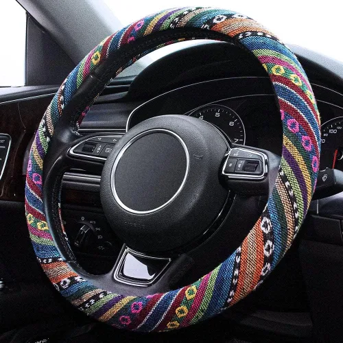 Vista 2 de funda elástica de microfibra para volante estilo boho para mujeres, ajuste universal de 38 cm para auto y SUV, cubierta protectora estilo hippie