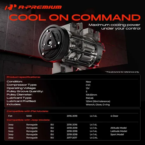 Vista 2 de A-Premium Compresor de aire acondicionado con embrague compatible con Jeep Renegade y Fiat 500X, 2016 2017 2018, 1.4L
