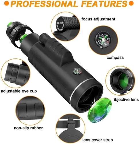 Vista 2 de Clear Night Vision with Adjustable Tripod for Mobile Phone Bird Watching Hunting Hiking Camping Travelling, Monocular 40x60 BAK4 High Power