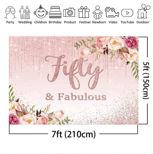 Vista 4 de Mocsicka Fifty Fabulous - Telón de fondo floral con puntos dorados para fotografía de cumpleaños 50 para mujeres, de vinilo, para retratos, cabina