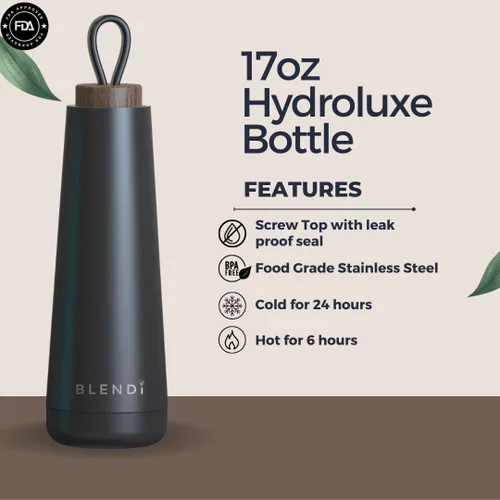 Vista 2 de Slim Hydroluxe Botella de agua de 17 onzas, ecológica, sin BPA, acero inoxidable con recubrimiento en polvo 18/8, tecnología de aislamiento frío 24