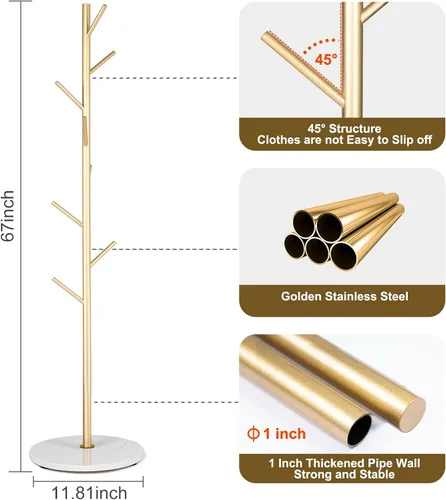 Vista 4 de ZOZOE Perchero de metal independiente, perchero dorado con base de mármol natural resistente, soporte moderno y estable con 8 ganchos, soporte