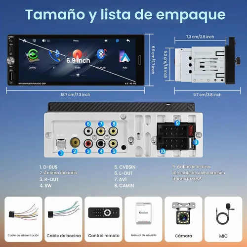 Vista 7 de Estéreo de coche de un solo DIN con CarPlay inalámbrico Android Auto Mirror Link, radio de coche Bluetooth Manos libres Headunit 6.9 pulgadas 1 DIN
