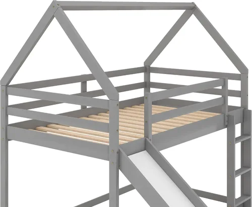 Vista 7 de Harper & Bright Designs - Litera de casa tamaño individual para niños con tobogán, marco de cama individual sobre individual, litera de madera