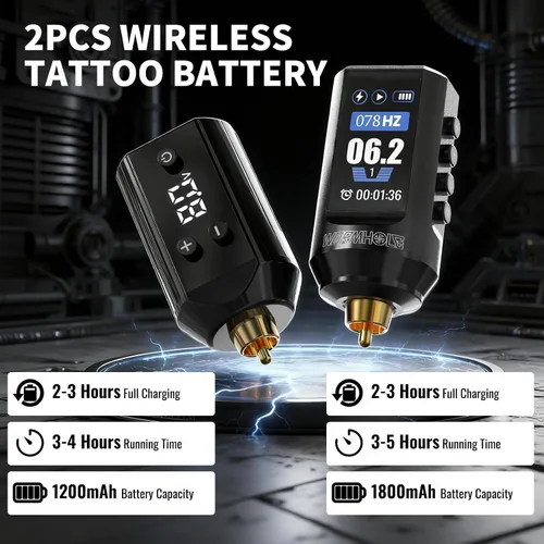 Vista 3 de Kit de tatuaje inalámbrico de agujero de gusano de 1,800 mAh, juego de iniciación de 91 piezas, baterías recargables duales, 20 agujas de cartucho