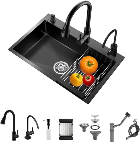 Vista 7 de Fregadero de cocina de montaje superior con caída de 3 agujeros, fregadero de un solo cuenco de acero inoxidable con escurridor y dispensador