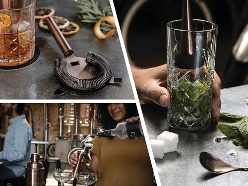 Vista 2 de Mint & Mortar Coctelera, kit de barman de 7 piezas con soporte, botella coctelera de Martini de 24 onzas, herramientas de barra de acero inoxidable