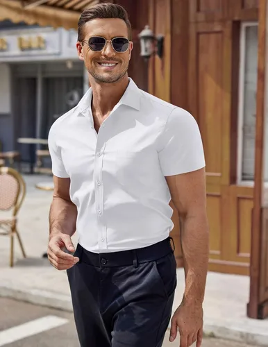 Vista 6 de COOFANDY Camisa de vestir de manga corta con botones y bolsillo para hombre