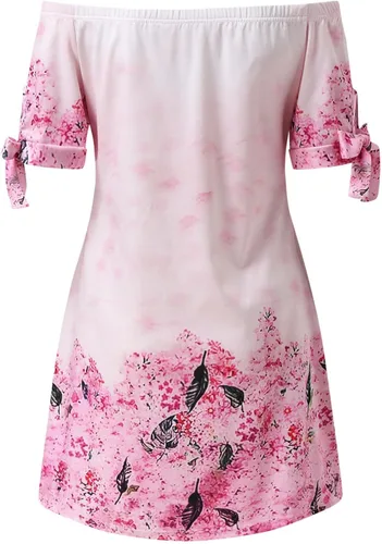 Vista 3 de Vestido de verano para mujer con hombros descubiertos con cordones manga corta estilo casual suelto para la playa vestido de verano