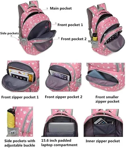 Vista 5 de Mochila con estampado de huellas de perro para estudiantes de escuela primaria, bolsa escolar para estudiantes, Mochila negra, Viajar