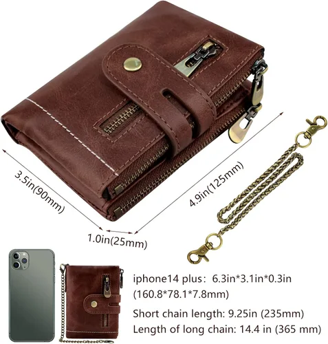 Vista 3 de iSamzan Billeteras de cuero para hombre, con bloqueo RFID, con doble cremallera, bolsillo para monedas con cadena antirrobo, carteras