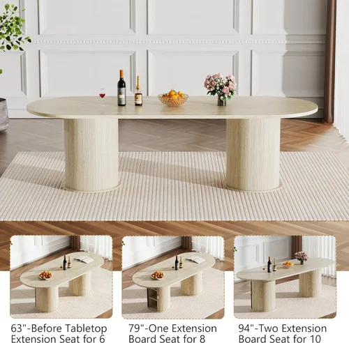 Vista 4 de SSLine Mesa de comedor extensible ovalada para 4 a 10 personas, mesa de cocina expandible de 63 a 94 pulgadas de largo con base de almacenamiento
