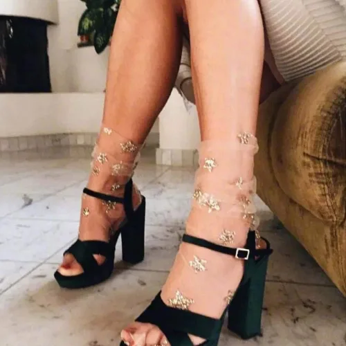 Vista 2 de Calcetines de tul con purpurina caliente y estrellas para mujer Oro